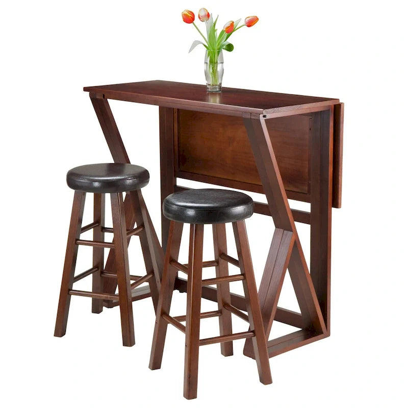 Table haute à abattants 3 pièces avec tabourets de comptoir à coussin, noyer et expresso