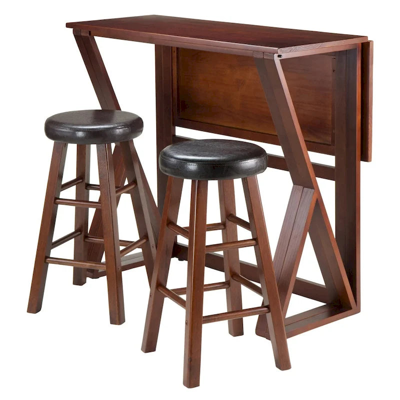Table haute à abattants 3 pièces avec tabourets de comptoir à coussin, noyer et expresso