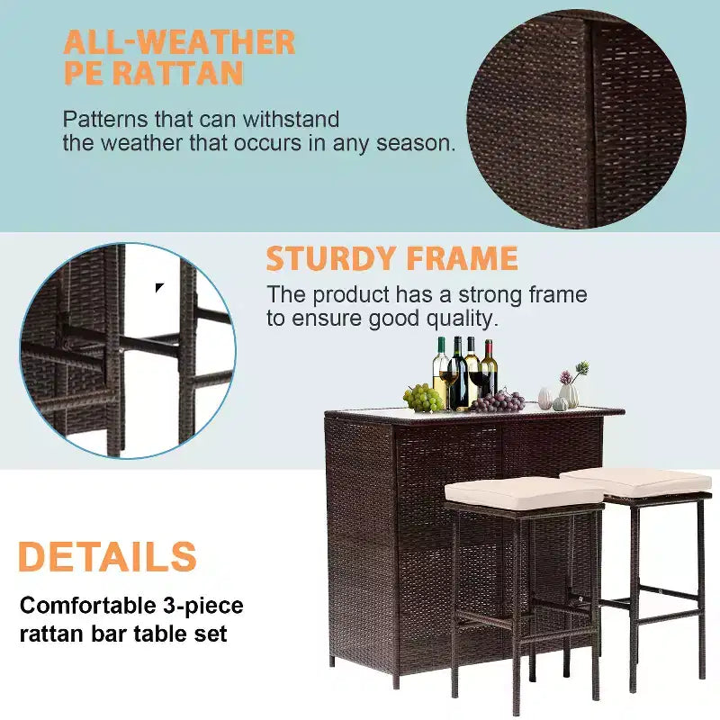 FDW Ensemble de bar 3 pièces Meubles de patio Cadre robuste Table haute de bar avec deux tabourets Plateau en verre et étagères de rangement Parfait pour balcon et piscine