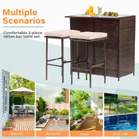 FDW Ensemble de bar 3 pièces Meubles de patio Cadre robuste Table haute de bar avec deux tabourets Plateau en verre et étagères de rangement Parfait pour balcon et piscine