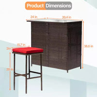 FDW Ensemble de bar 3 pièces Meubles de patio Cadre robuste Table haute de bar avec deux tabourets Plateau en verre et étagères de rangement Parfait pour balcon et piscine