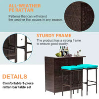 FDW Ensemble de bar 3 pièces Meubles de patio Cadre robuste Table haute de bar avec deux tabourets Plateau en verre et étagères de rangement Parfait pour balcon et piscine