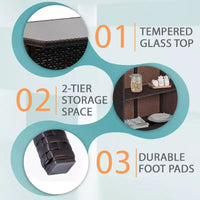 FDW Ensemble de bar 3 pièces Meubles de patio Cadre robuste Table haute de bar avec deux tabourets Plateau en verre et étagères de rangement Parfait pour balcon et piscine
