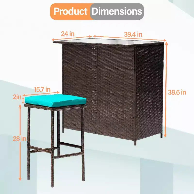 FDW Ensemble de bar 3 pièces Meubles de patio Cadre robuste Table haute de bar avec deux tabourets Plateau en verre et étagères de rangement Parfait pour balcon et piscine