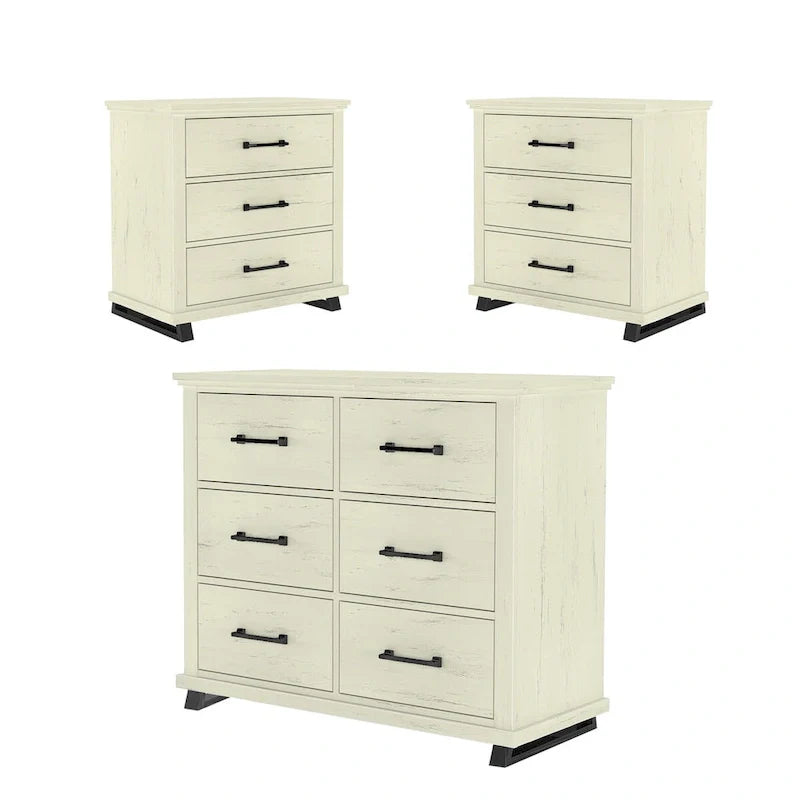Ensemble de chambre à coucher 3 pièces de style campagnard - 2 tables de chevet et 1 commode