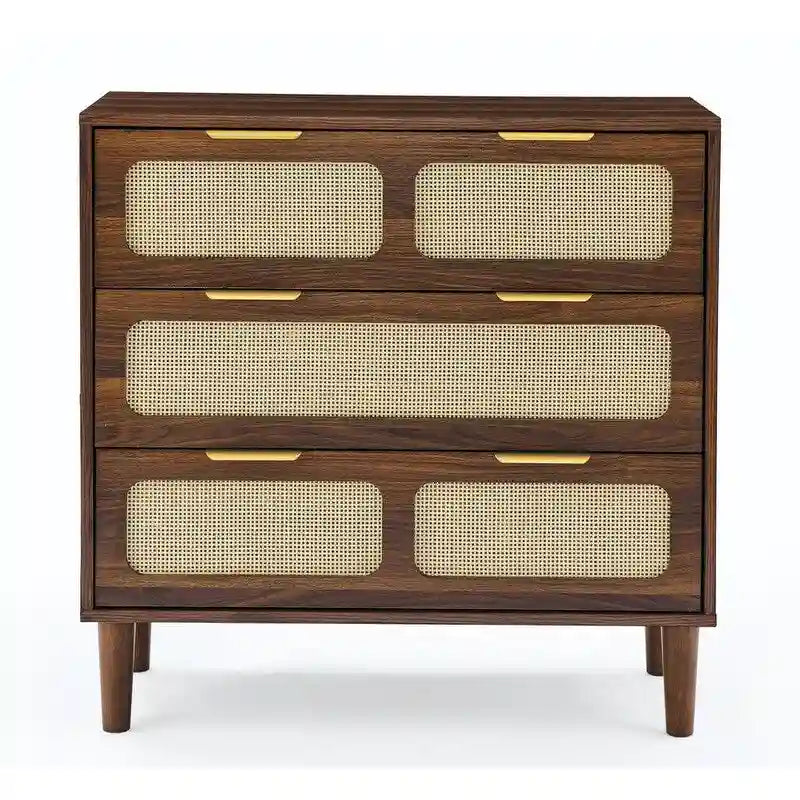 Commode Grondin style bohème mid-century, 3 tiroirs en rotin, structure en MDF et pieds en bois massif