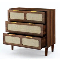 Commode Grondin style bohème mid-century, 3 tiroirs en rotin, structure en MDF et pieds en bois massif