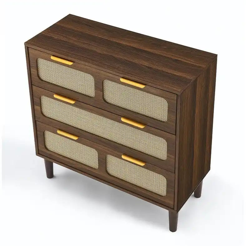 Commode Grondin style bohème mid-century, 3 tiroirs en rotin, structure en MDF et pieds en bois massif