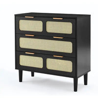 Commode Grondin style bohème mid-century, 3 tiroirs en rotin, structure en MDF et pieds en bois massif