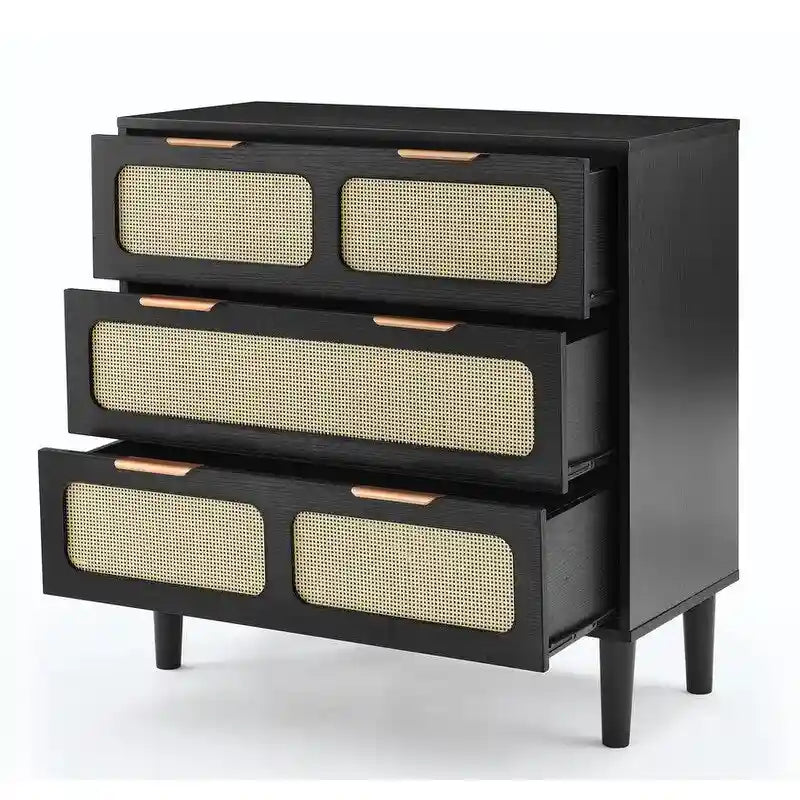 Commode Grondin style bohème mid-century, 3 tiroirs en rotin, structure en MDF et pieds en bois massif