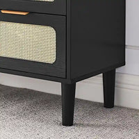 Commode Grondin style bohème mid-century, 3 tiroirs en rotin, structure en MDF et pieds en bois massif