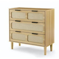 Commode Grondin style bohème mid-century, 3 tiroirs en rotin, structure en MDF et pieds en bois massif
