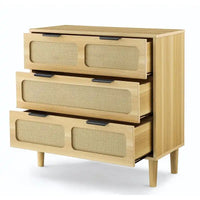 Commode Grondin style bohème mid-century, 3 tiroirs en rotin, structure en MDF et pieds en bois massif