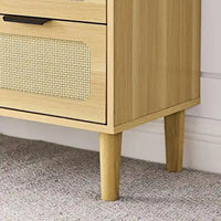 Commode Grondin style bohème mid-century, 3 tiroirs en rotin, structure en MDF et pieds en bois massif