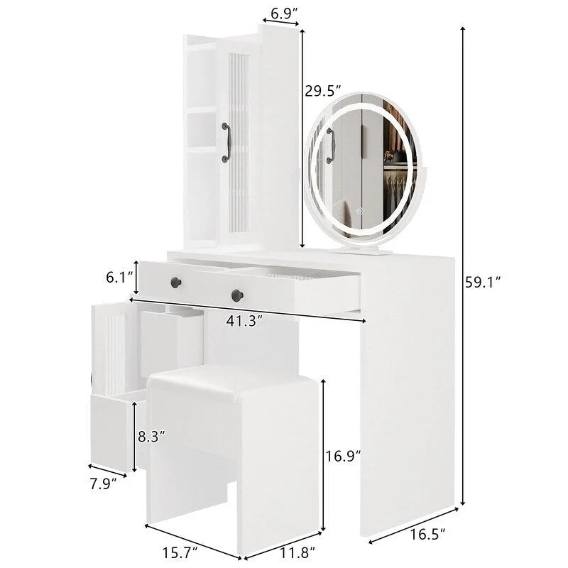 Ensemble coiffeuse avec multiprise et miroir LED trois tons - N/A