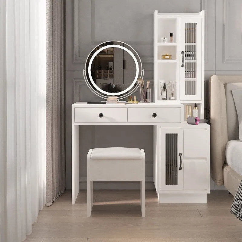 Ensemble coiffeuse avec multiprise et miroir LED trois tons - N/A