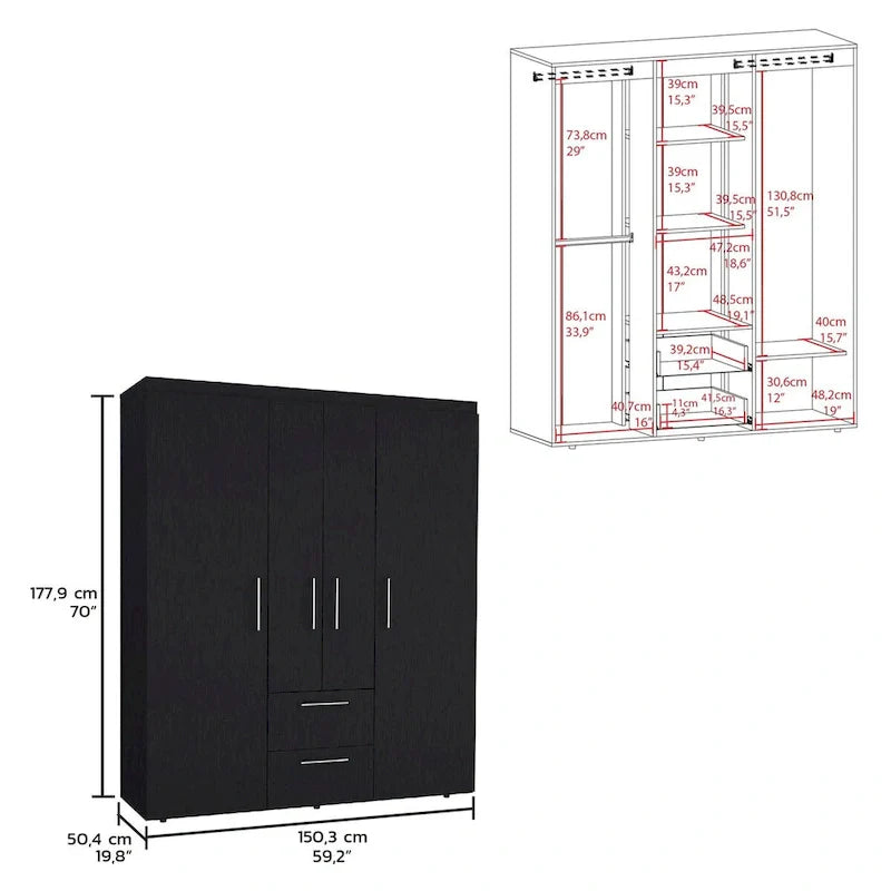 Armoire Bariloche avec tringles de suspension, étagères, 2 tiroirs