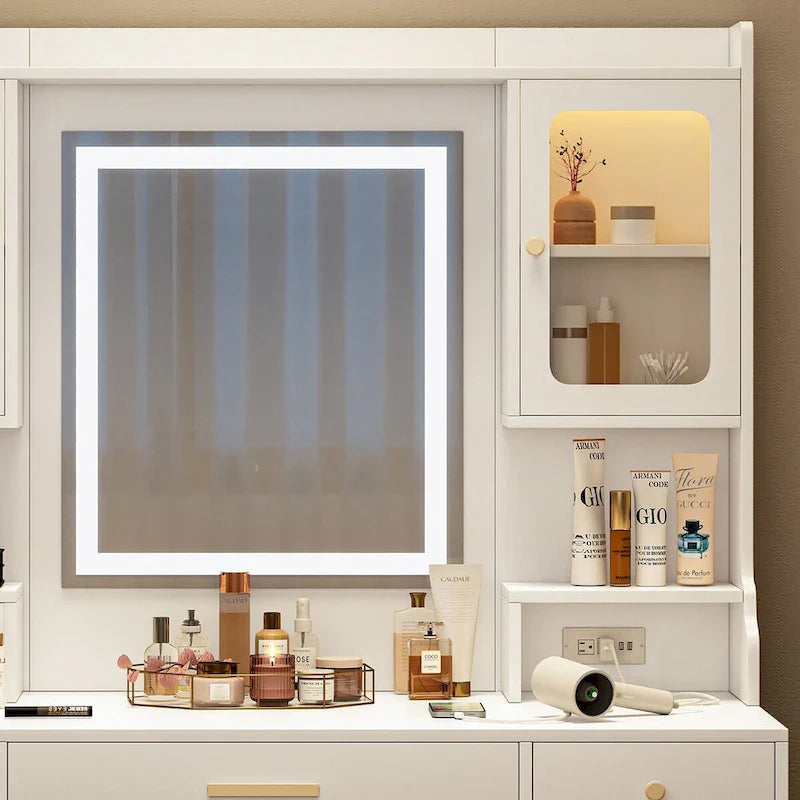 Coiffeuse de maquillage avec miroir, tiroirs et étagères