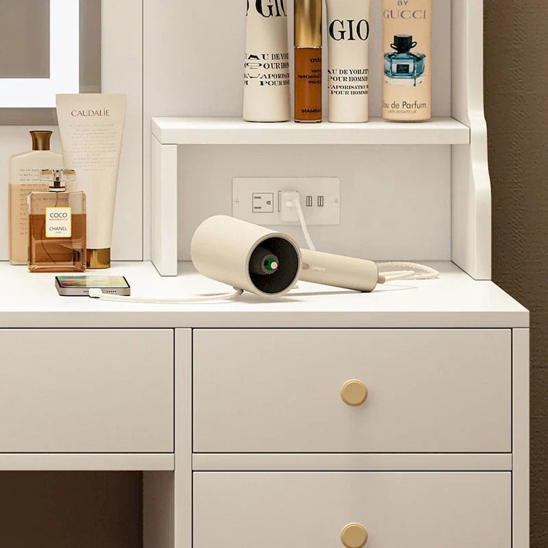 Coiffeuse de maquillage avec miroir, tiroirs et étagères