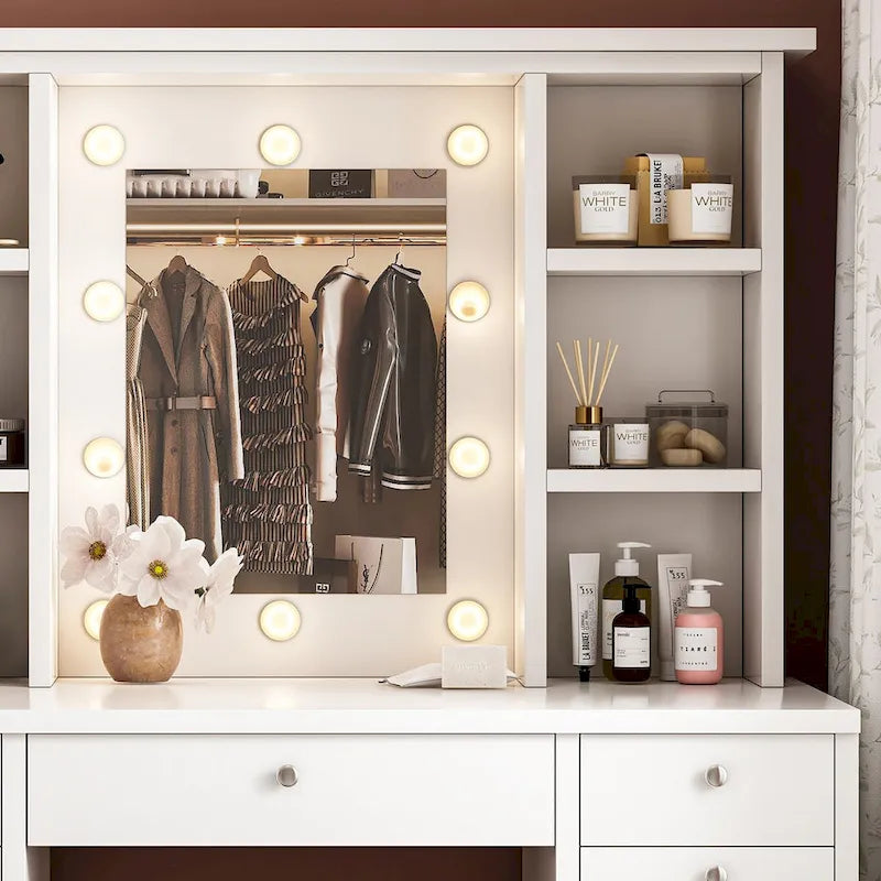 Coiffeuse de maquillage avec miroir, tiroirs et étagères