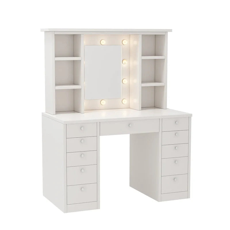 Coiffeuse de maquillage avec miroir, tiroirs et étagères