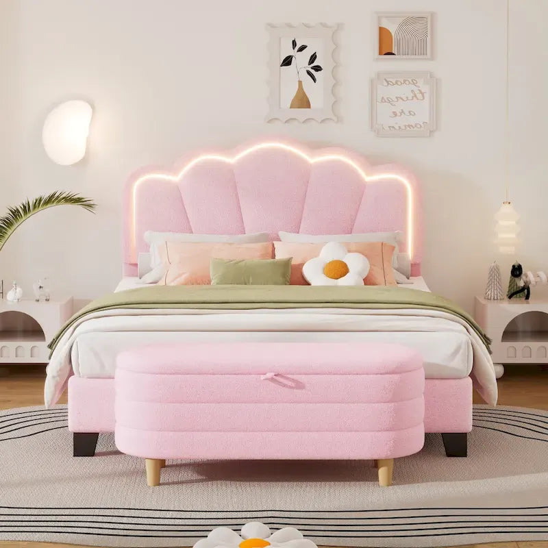 Ensemble de chambre 2 pièces taille Full, lit plateforme rembourré LED en forme de fleur avec pouf de rangement, tissu sherpa