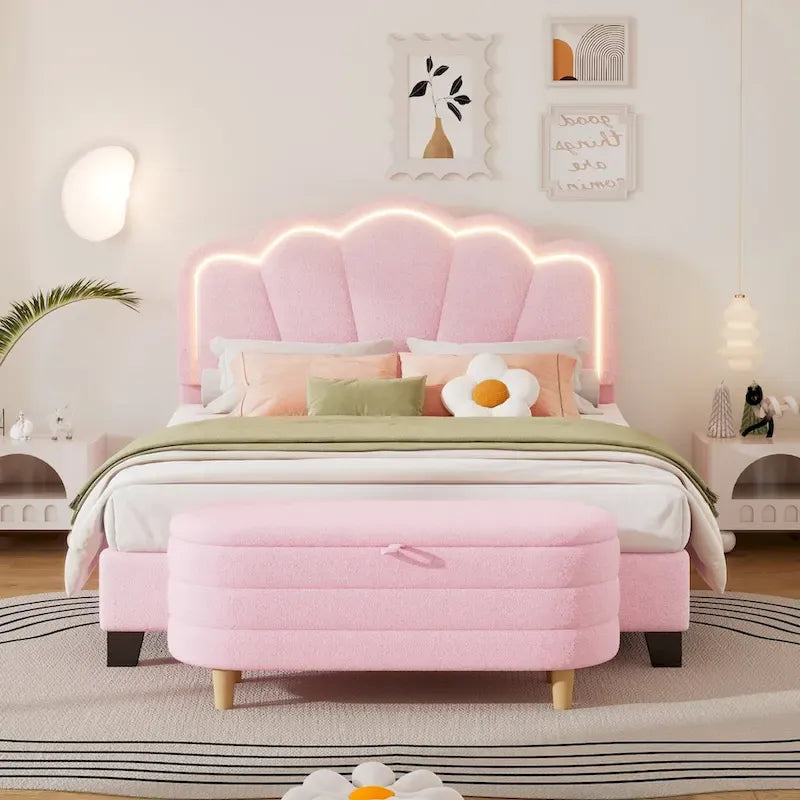 Ensemble de chambre 2 pièces taille Full, lit plateforme rembourré LED en forme de fleur avec pouf de rangement, tissu sherpa