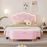 Ensemble de chambre 2 pièces taille Full, lit plateforme rembourré LED en forme de fleur avec pouf de rangement, tissu sherpa