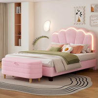 Ensemble de chambre 2 pièces taille Full, lit plateforme rembourré LED en forme de fleur avec pouf de rangement, tissu sherpa