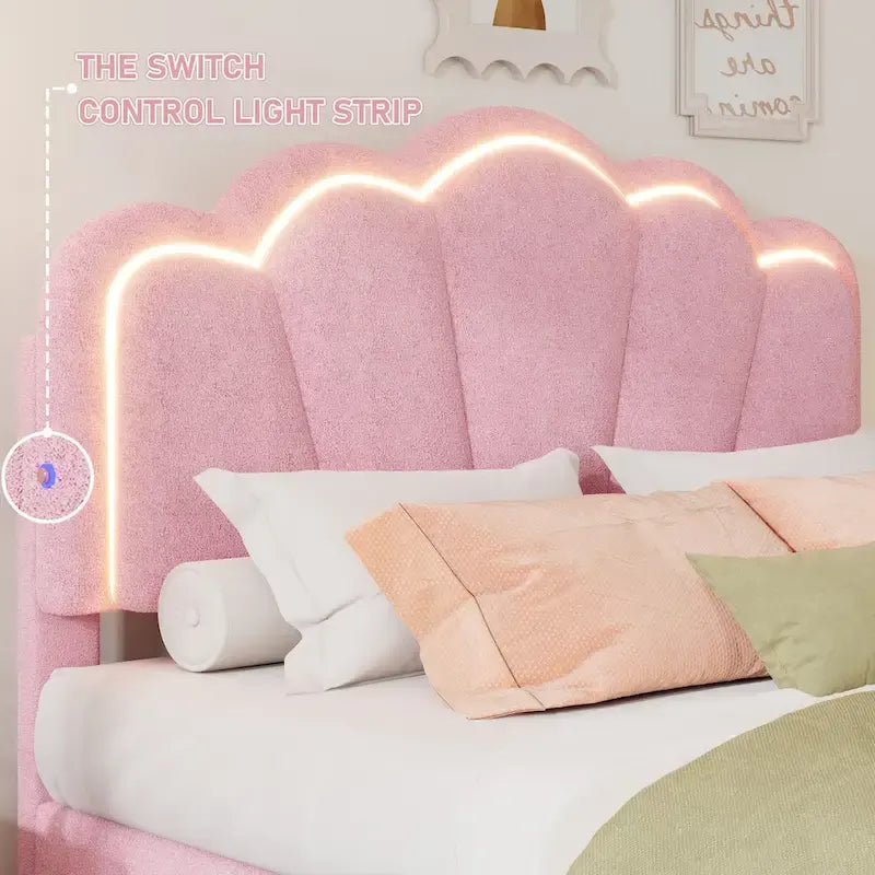 Ensemble de chambre 2 pièces taille Full, lit plateforme rembourré LED en forme de fleur avec pouf de rangement, tissu sherpa