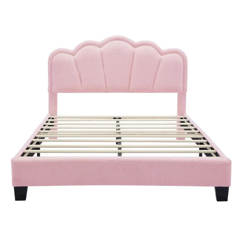 Ensemble de chambre 2 pièces taille Full, lit plateforme rembourré LED en forme de fleur avec pouf de rangement, tissu sherpa