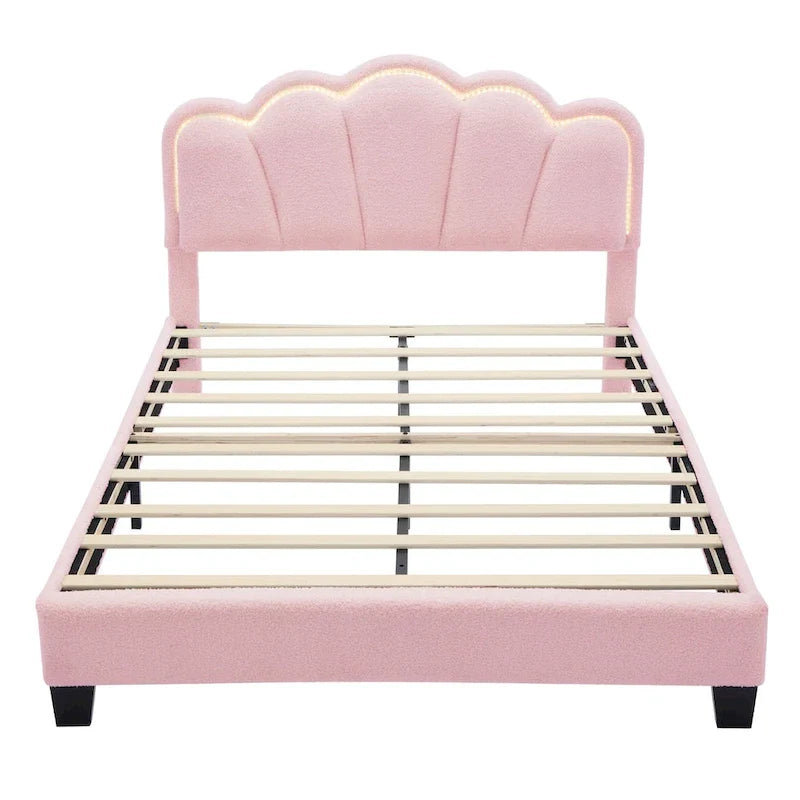 Ensemble de chambre 2 pièces taille Full, lit plateforme rembourré LED en forme de fleur avec pouf de rangement, tissu sherpa