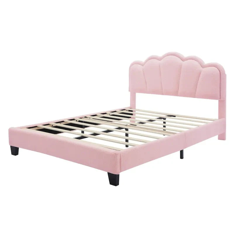 Ensemble de chambre 2 pièces taille Full, lit plateforme rembourré LED en forme de fleur avec pouf de rangement, tissu sherpa