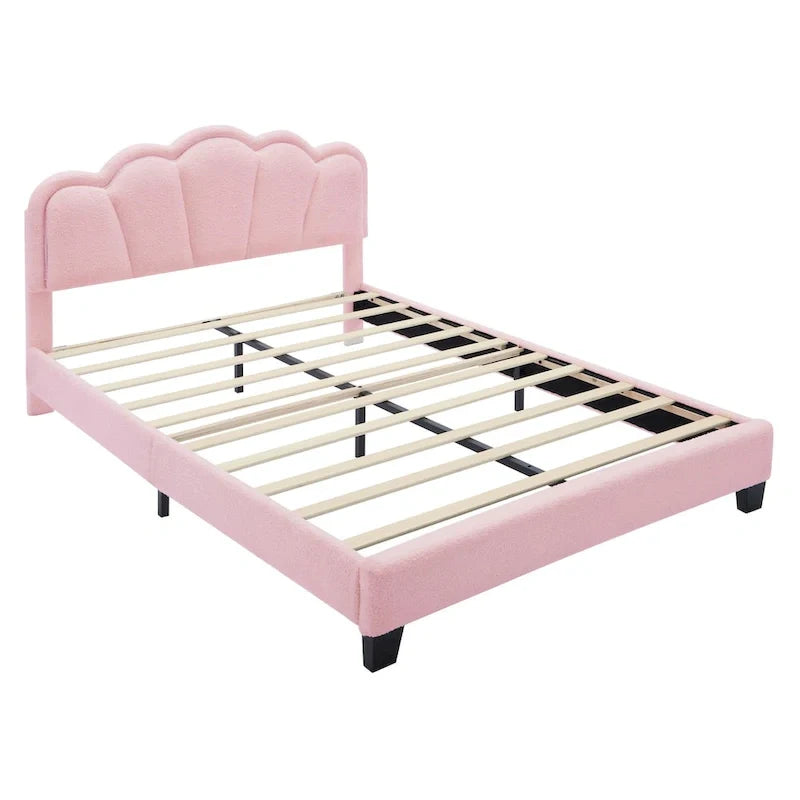 Ensemble de chambre 2 pièces taille Full, lit plateforme rembourré LED en forme de fleur avec pouf de rangement, tissu sherpa