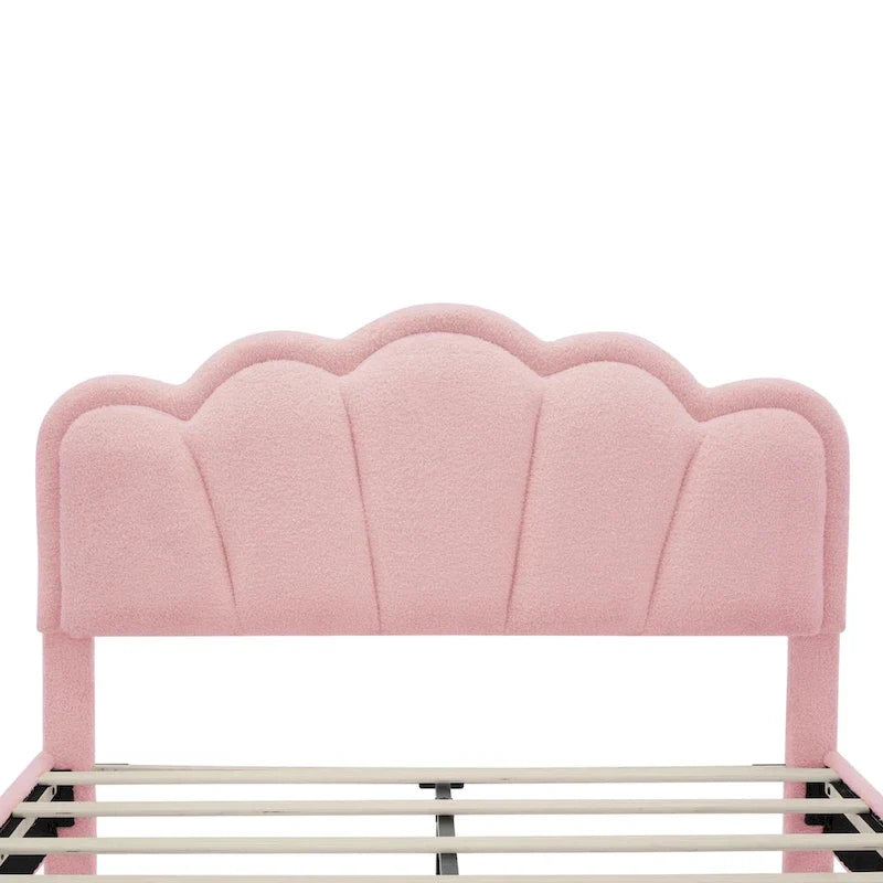 Ensemble de chambre 2 pièces taille Full, lit plateforme rembourré LED en forme de fleur avec pouf de rangement, tissu sherpa
