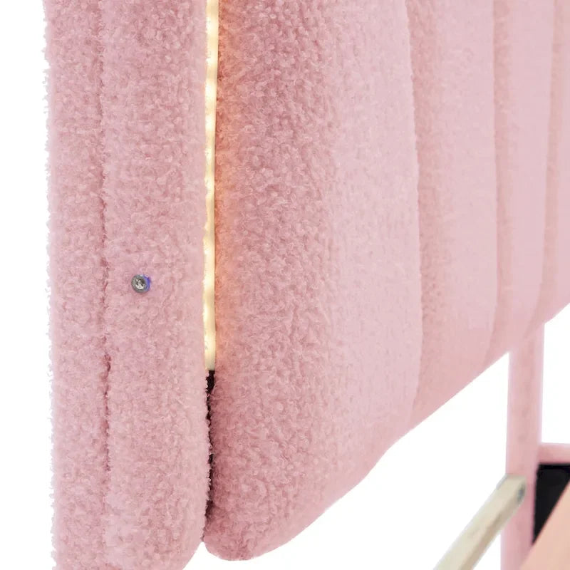 Ensemble de chambre 2 pièces taille Full, lit plateforme rembourré LED en forme de fleur avec pouf de rangement, tissu sherpa