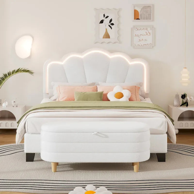 Ensemble de chambre 2 pièces taille Full, lit plateforme rembourré LED en forme de fleur avec pouf de rangement, tissu sherpa