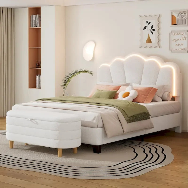 Ensemble de chambre 2 pièces taille Full, lit plateforme rembourré LED en forme de fleur avec pouf de rangement, tissu sherpa