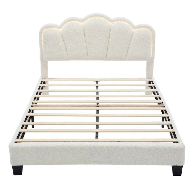 Ensemble de chambre 2 pièces taille Full, lit plateforme rembourré LED en forme de fleur avec pouf de rangement, tissu sherpa