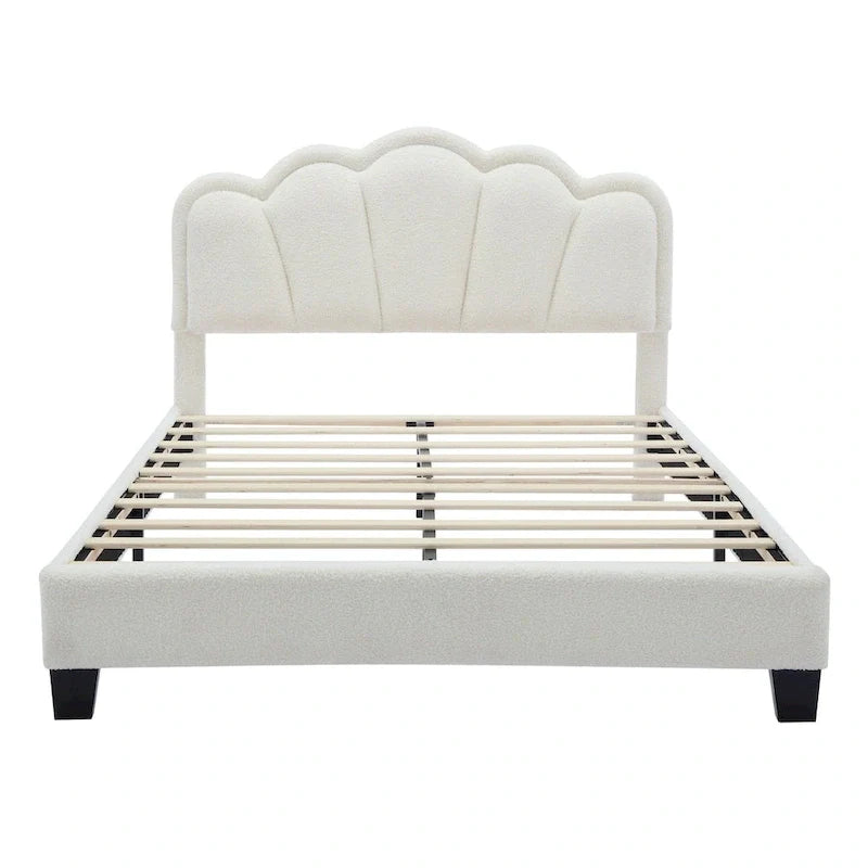 Ensemble de chambre 2 pièces taille Full, lit plateforme rembourré LED en forme de fleur avec pouf de rangement, tissu sherpa