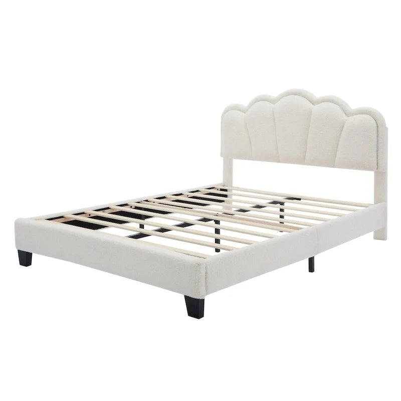 Ensemble de chambre 2 pièces taille Full, lit plateforme rembourré LED en forme de fleur avec pouf de rangement, tissu sherpa