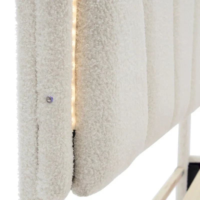 Ensemble de chambre 2 pièces taille Full, lit plateforme rembourré LED en forme de fleur avec pouf de rangement, tissu sherpa
