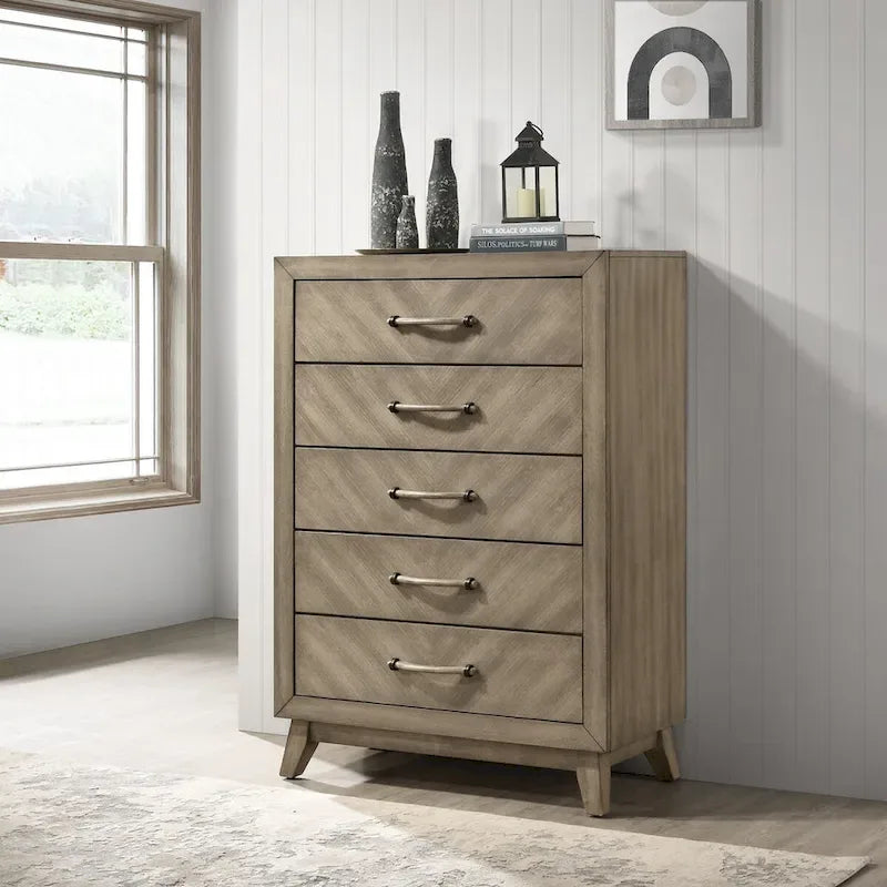 Ensemble de chambre à coucher contemporain Roundhill Furniture Arena en bois : Lit à panneaux, commode, miroir, table de chevet, chiffonnier, gris antique