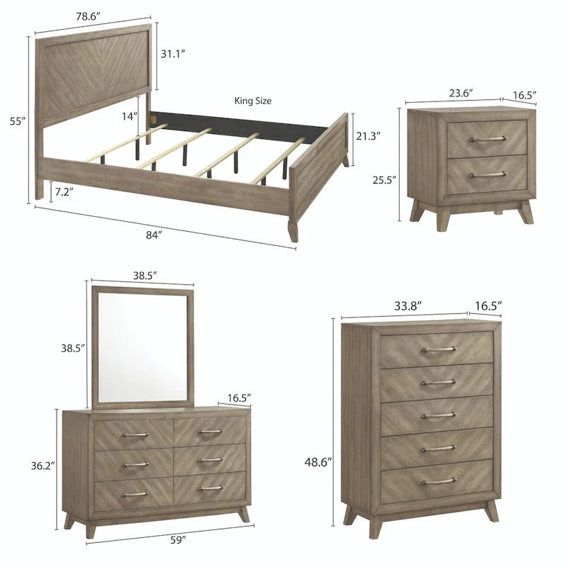 Ensemble de chambre à coucher contemporain Roundhill Furniture Arena en bois : Lit à panneaux, commode, miroir, table de chevet, chiffonnier, gris antique