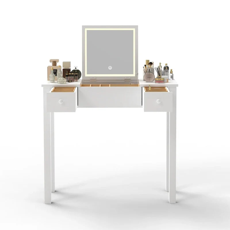 Coiffeuse élégante avec lumières LED, miroir rabattable et 2 tiroirs, rangement à bijoux pour femmes