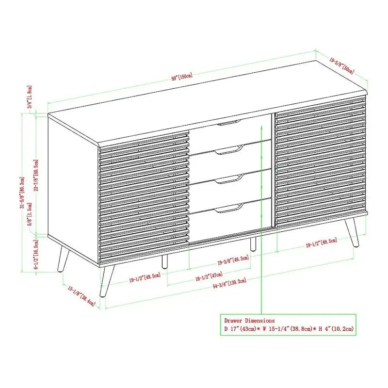 Buffet moderne 59 po, armoire de rangement et meuble TV avec 4 tiroirs et 2 portes coulissantes