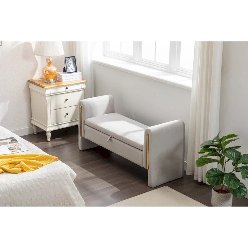 Banc de rangement en velours pour chambre à coucher avec garniture en métal doré pour salon, chambre à coucher, intérieur