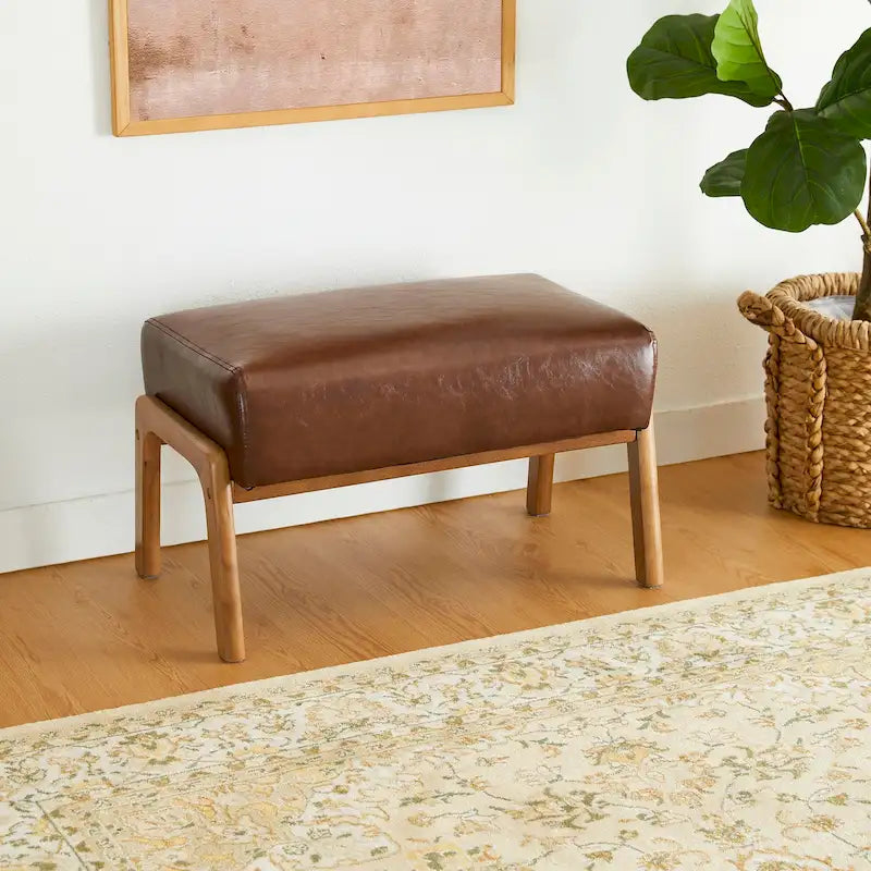 Tabouret d'appoint en similicuir Glitzhome 24,5W avec pieds en hévéa noyer
