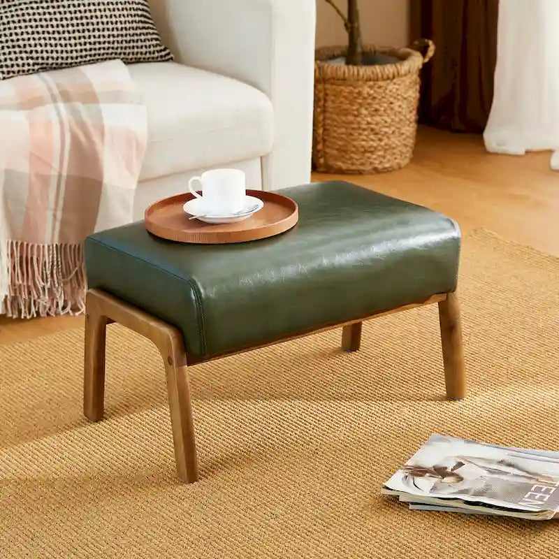 Tabouret d'appoint en similicuir Glitzhome 24,5W avec pieds en hévéa noyer