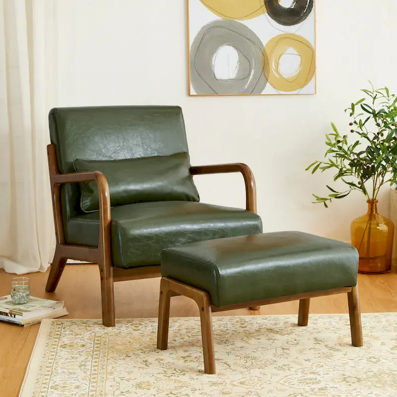 Tabouret d'appoint en similicuir Glitzhome 24,5W avec pieds en hévéa noyer